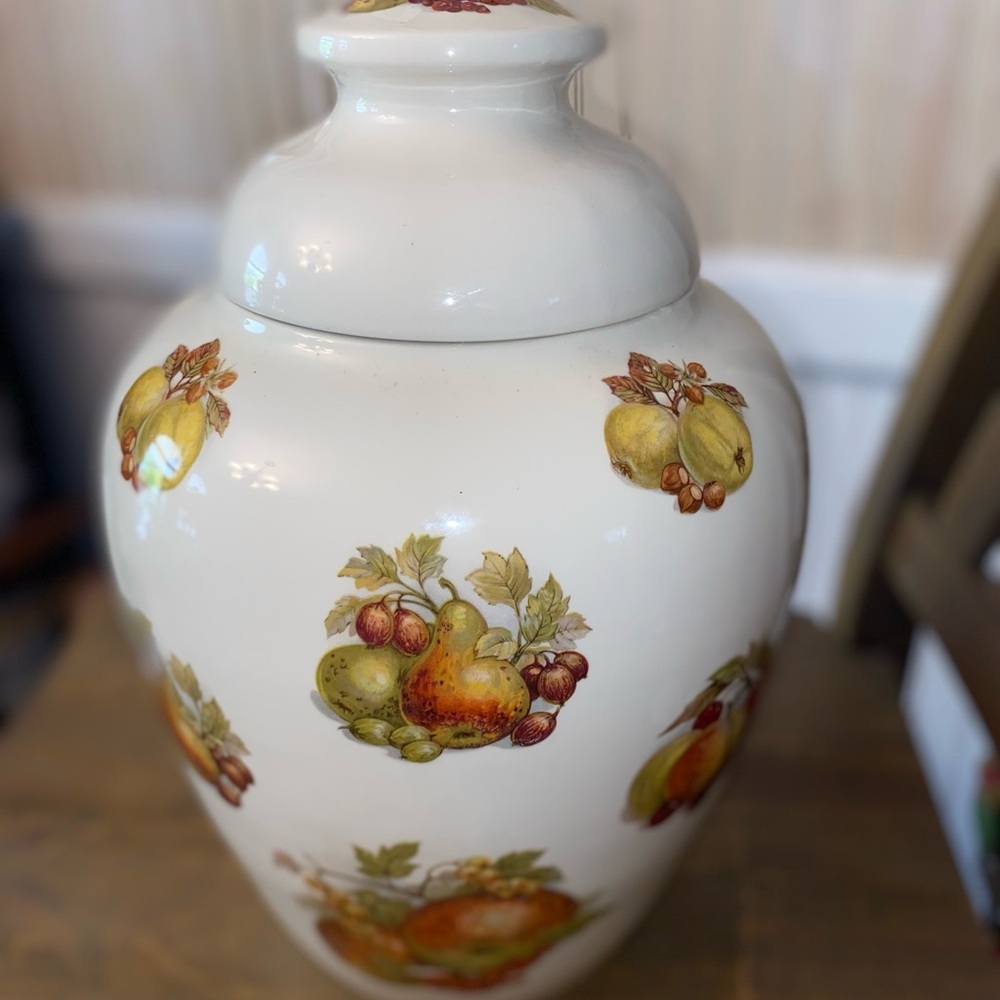 Fruit Pattern large pottery Ginger Jar, signed. 14” tall.